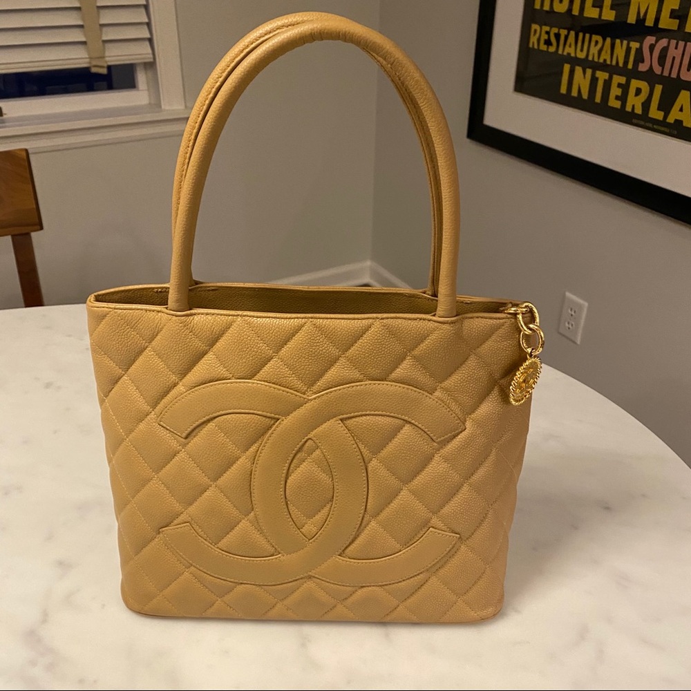 Chanel Caviar Quilted Medallion Tote Beige